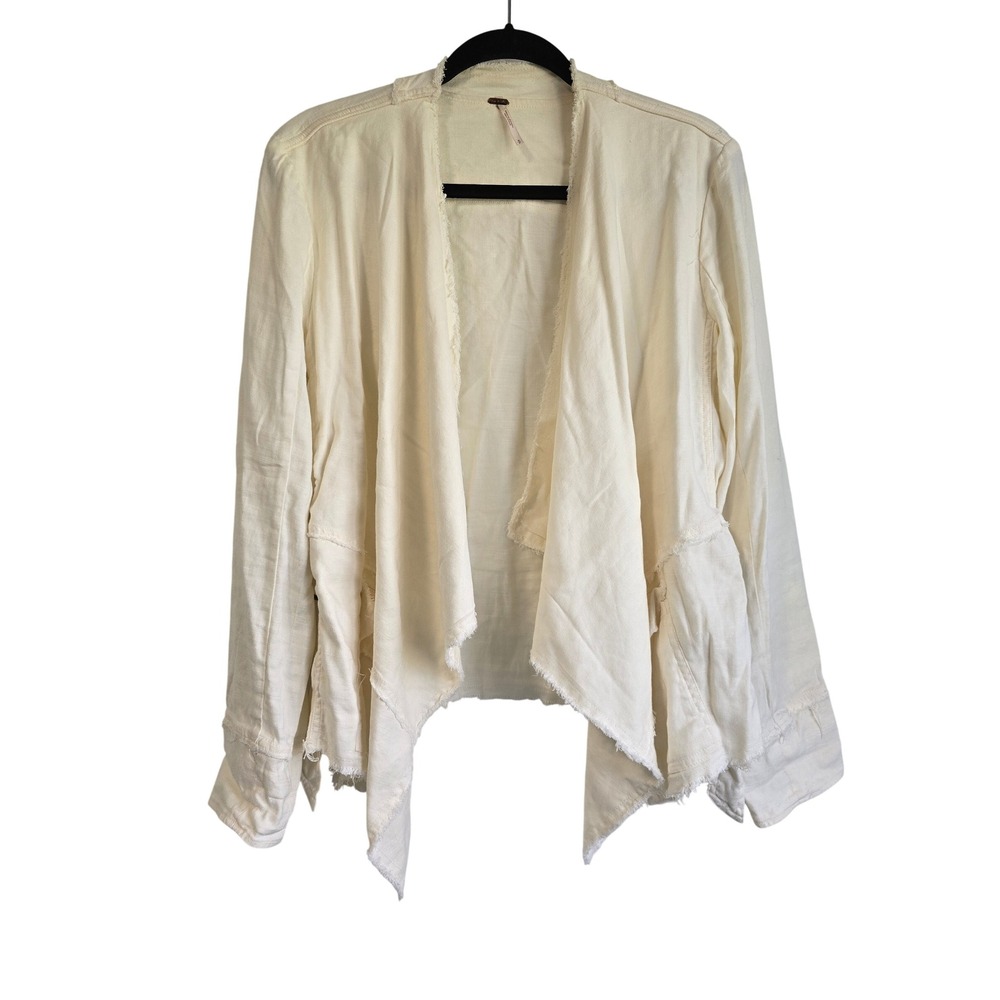 Free‎ People Ivory Linen Blend Draped Open Front Cardigan Raw Edge Small S